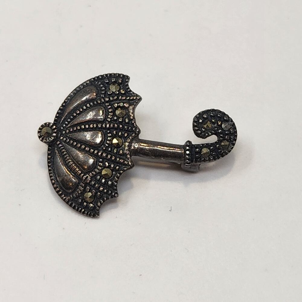 Sterling Silver 925 Marcasite Umbrella Open Parasol Brooch Pin Vintage Jewelry